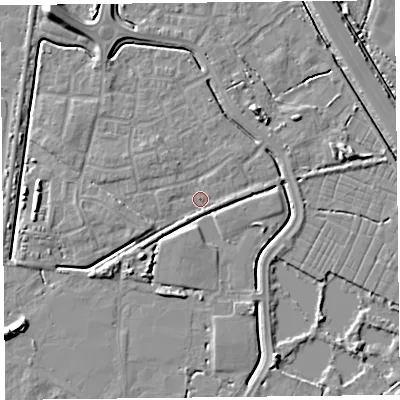 Shaded relief map of the ground around TA64WS, computed from Environment Agency LiDAR. The ground here sits at about 6 m above sea level and falls 8 m across the surrounding 800 m. Surface water reaching this point runs off ground lying to the north-west, 1.7 m higher.