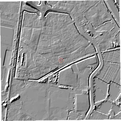 Shaded relief map of the ground around TA64WT, computed from Environment Agency LiDAR. The ground here sits at about 7 m above sea level and falls 8 m across the surrounding 800 m. Surface water reaching this point runs off ground lying to the north-north-west, 2.1 m higher.