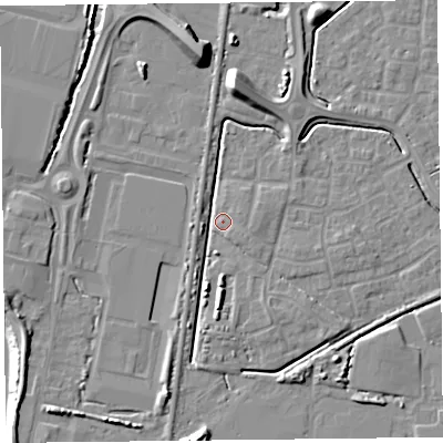 Shaded relief map of the ground around TA64WU, computed from Environment Agency LiDAR. The ground here sits at about 7 m above sea level and falls 13 m across the surrounding 800 m. Surface water reaching this point runs off ground lying to the north, 7.6 m higher.