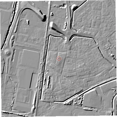 Shaded relief map of the ground around TA64WW, computed from Environment Agency LiDAR. The ground here sits at about 8 m above sea level and falls 10 m across the surrounding 800 m. Surface water reaching this point runs off ground lying to the south-south-east, 0.9 m higher.