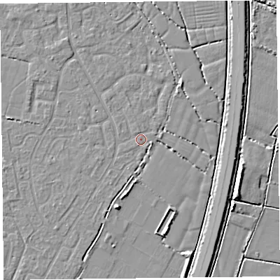 Shaded relief map of the ground around TA64XA, computed from Environment Agency LiDAR. The ground here sits at about 6 m above sea level and falls 6 m across the surrounding 800 m. Surface water reaching this point runs off ground lying to the north-east, 2.9 m higher.