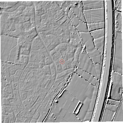 Shaded relief map of the ground around TA64XB, computed from Environment Agency LiDAR. The ground here sits at about 6 m above sea level and falls 6 m across the surrounding 800 m. Surface water reaching this point runs off ground lying to the east-north-east, 2.9 m higher.