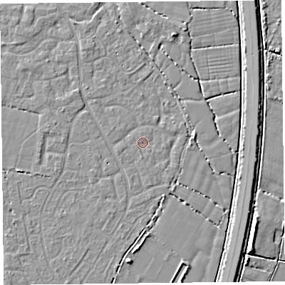 Shaded relief map of the ground around TA64XD, computed from Environment Agency LiDAR. The ground here sits at about 6 m above sea level and falls 6 m across the surrounding 800 m. Surface water reaching this point runs off ground lying to the south, 0.6 m higher.