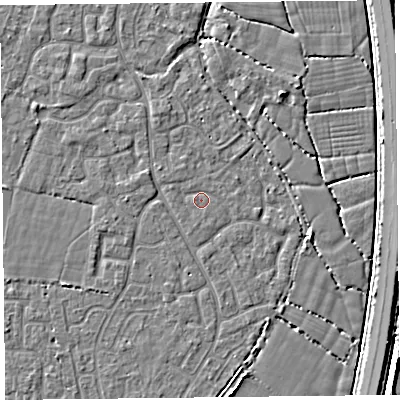 Shaded relief map of the ground around TA64XE, computed from Environment Agency LiDAR. The ground here sits at about 6 m above sea level and falls 5 m across the surrounding 800 m. Surface water reaching this point runs off ground lying to the west-north-west, 0.6 m higher.