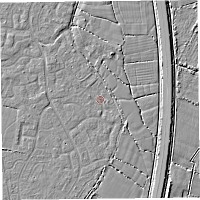 Shaded relief map of the ground around TA64XF, computed from Environment Agency LiDAR. The ground here sits at about 6 m above sea level and falls 5 m across the surrounding 800 m. Surface water reaching this point runs off ground lying to the north-west, 1.7 m higher.
