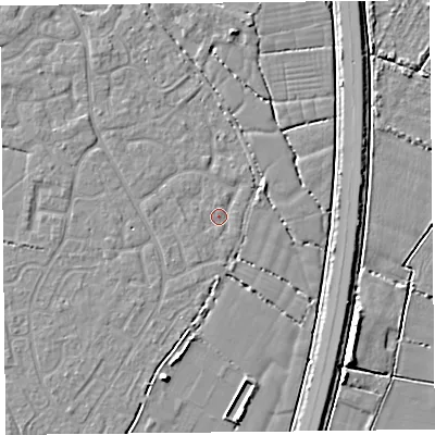 Shaded relief map of the ground around TA64XG, computed from Environment Agency LiDAR. The ground here sits at about 6 m above sea level and falls 6 m across the surrounding 800 m. Surface water reaching this point runs off ground lying to the west, 0.8 m higher.