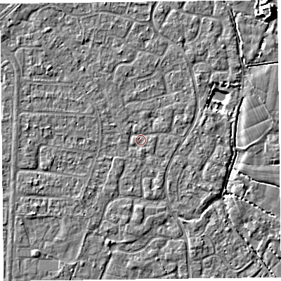 Shaded relief map of the ground around TA64XH, computed from Environment Agency LiDAR. The ground here sits at about 6 m above sea level and falls 7 m across the surrounding 800 m. Surface water reaching this point runs off ground lying to the east, 1.0 m higher.