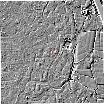 Shaded relief map of the ground around TA64XJ, computed from Environment Agency LiDAR. The ground here sits at about 6 m above sea level and falls 7 m across the surrounding 800 m. Surface water reaching this point runs off ground lying to the east, 0.7 m higher.