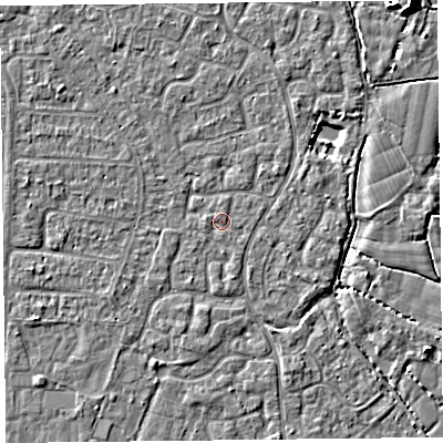 Shaded relief map of the ground around TA64XL, computed from Environment Agency LiDAR. The ground here sits at about 6 m above sea level and falls 7 m across the surrounding 800 m. Surface water reaching this point runs off ground lying to the south-south-east, 0.6 m higher.