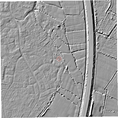 Shaded relief map of the ground around TA64XP, computed from Environment Agency LiDAR. The ground here sits at about 6 m above sea level and falls 6 m across the surrounding 800 m. Surface water reaching this point runs off ground lying to the south-east, 2.5 m higher.