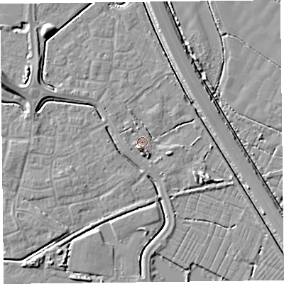 Shaded relief map of the ground around TA64XQ, computed from Environment Agency LiDAR. The ground here sits at about 6 m above sea level and falls 7 m across the surrounding 800 m. Surface water reaching this point runs off ground lying to the south-south-west, 4.4 m higher.