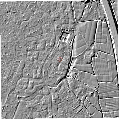 Shaded relief map of the ground around TA64XR, computed from Environment Agency LiDAR. The ground here sits at about 6 m above sea level and falls 7 m across the surrounding 800 m. Surface water reaching this point runs off ground lying to the east, 0.9 m higher.