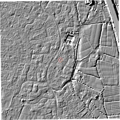 Shaded relief map of the ground around TA64XS, computed from Environment Agency LiDAR. The ground here sits at about 6 m above sea level and falls 7 m across the surrounding 800 m. Surface water reaching this point runs off ground lying to the south, 0.5 m higher.