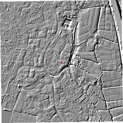 Shaded relief map of the ground around TA64XT, computed from Environment Agency LiDAR. The ground here sits at about 7 m above sea level and falls 4 m across the surrounding 800 m. Surface water reaching this point runs off ground lying to the north-east, 0.6 m higher.