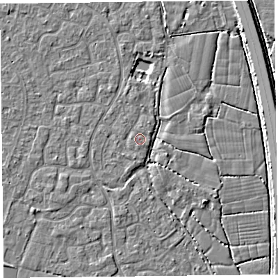 Shaded relief map of the ground around TA64XU, computed from Environment Agency LiDAR. The ground here sits at about 7 m above sea level and falls 4 m across the surrounding 800 m. Surface water reaching this point runs off ground lying to the north-east, 0.8 m higher.