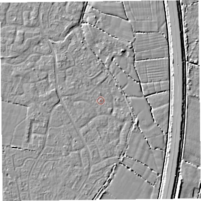 Shaded relief map of the ground around TA64XW, computed from Environment Agency LiDAR. The ground here sits at about 6 m above sea level and falls 5 m across the surrounding 800 m. Surface water reaching this point runs off ground lying to the north, 0.9 m higher.