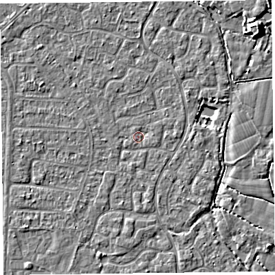 Shaded relief map of the ground around TA64XX, computed from Environment Agency LiDAR. The ground here sits at about 6 m above sea level and falls 7 m across the surrounding 800 m. Surface water reaching this point runs off ground lying to the east-south-east, 0.9 m higher.