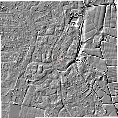 Shaded relief map of the ground around TA64XY, computed from Environment Agency LiDAR. The ground here sits at about 6 m above sea level and falls 4 m across the surrounding 800 m. Surface water reaching this point runs off ground lying to the north-east, 1.0 m higher.