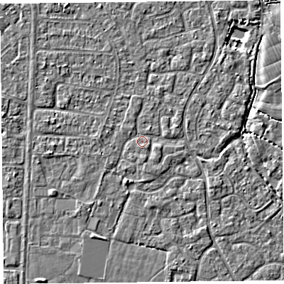 Shaded relief map of the ground around TA64YA, computed from Environment Agency LiDAR. The ground here sits at about 6 m above sea level and falls 3 m across the surrounding 800 m. Surface water reaching this point runs off ground lying to the south-south-west, 1.0 m higher.