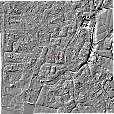 Shaded relief map of the ground around TA64YB, computed from Environment Agency LiDAR. The ground here sits at about 6 m above sea level and falls 3 m across the surrounding 800 m. Surface water reaching this point runs off ground lying to the south-south-west, 1.0 m higher.