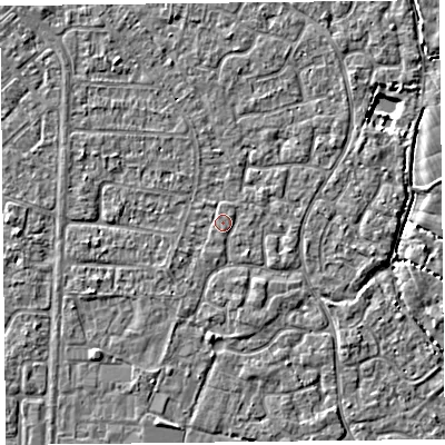 Shaded relief map of the ground around TA64YD, computed from Environment Agency LiDAR. The ground here sits at about 6 m above sea level and falls 3 m across the surrounding 800 m. Surface water reaching this point runs off ground lying to the south-west, 0.8 m higher.