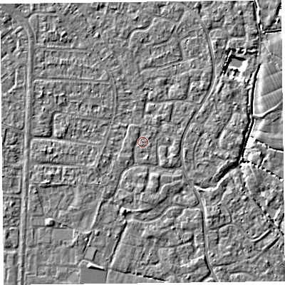 Shaded relief map of the ground around TA64YE, computed from Environment Agency LiDAR. The ground here sits at about 6 m above sea level and falls 3 m across the surrounding 800 m. Surface water reaching this point runs off ground lying to the west, 0.6 m higher.