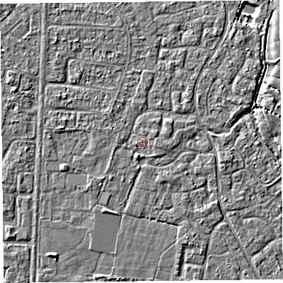 Shaded relief map of the ground around TA64YF, computed from Environment Agency LiDAR. The ground here sits at about 6 m above sea level and falls 3 m across the surrounding 800 m. Surface water reaching this point runs off ground lying to the south-south-west, 0.8 m higher.