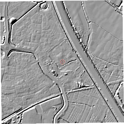 Shaded relief map of the ground around TA64YG, computed from Environment Agency LiDAR. The ground here sits at about 6 m above sea level and falls 7 m across the surrounding 800 m. Surface water reaching this point runs off ground lying to the west, 2.3 m higher.