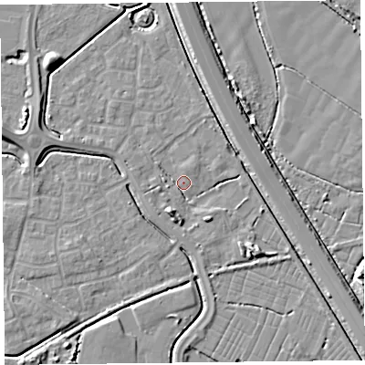 Shaded relief map of the ground around TA64YH, computed from Environment Agency LiDAR. The ground here sits at about 6 m above sea level and falls 7 m across the surrounding 800 m. Surface water reaching this point runs off ground lying to the west, 2.3 m higher.