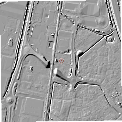 Shaded relief map of the ground around TA64YN, computed from Environment Agency LiDAR. The ground here sits at about 6 m above sea level and falls 10 m across the surrounding 800 m. Surface water reaching this point runs off ground lying to the south-south-west, 8.6 m higher.