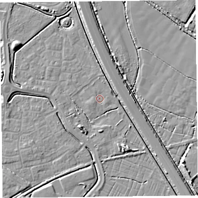 Shaded relief map of the ground around TA64YP, computed from Environment Agency LiDAR. The ground here sits at about 6 m above sea level and falls 7 m across the surrounding 800 m. Surface water reaching this point runs off ground lying to the west-south-west, 2.3 m higher.