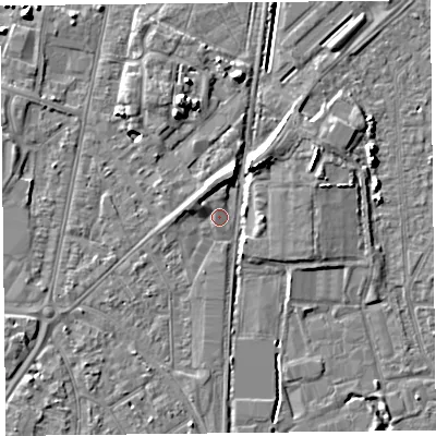 Shaded relief map of the ground around TA64YQ, computed from Environment Agency LiDAR. The ground here sits at about 7 m above sea level and falls 7 m across the surrounding 800 m. Surface water reaching this point runs off ground lying to the north-east, 5.8 m higher.
