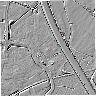 Shaded relief map of the ground around TA64YR, computed from Environment Agency LiDAR. The ground here sits at about 7 m above sea level and falls 7 m across the surrounding 800 m. Surface water reaching this point runs off ground lying to the south-west, 2.3 m higher.