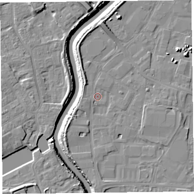 Shaded relief map of the ground around TA64YS, computed from Environment Agency LiDAR. The ground here sits at about 7 m above sea level and falls 11 m across the surrounding 800 m. Surface water reaching this point runs off ground lying to the south-west, 3.8 m higher.