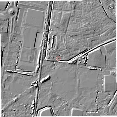 Shaded relief map of the ground around TA64YU, computed from Environment Agency LiDAR. The ground here sits at about 6 m above sea level and falls 8 m across the surrounding 800 m. Surface water reaching this point runs off ground lying to the south-west, 7.7 m higher.