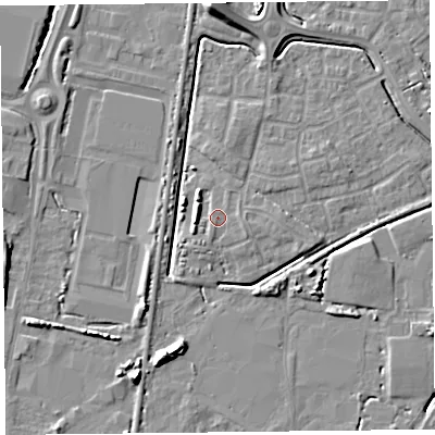 Shaded relief map of the ground around TA64YW, computed from Environment Agency LiDAR. The ground here sits at about 7 m above sea level and falls 8 m across the surrounding 800 m. Surface water reaching this point runs off ground lying to the east-south-east, 0.9 m higher.