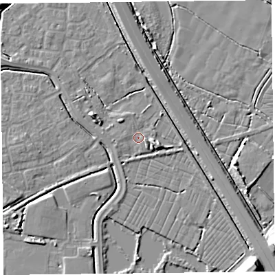 Shaded relief map of the ground around TA64YY, computed from Environment Agency LiDAR. The ground here sits at about 6 m above sea level and falls 11 m across the surrounding 800 m. Surface water reaching this point runs off ground lying to the east-south-east, 4.5 m higher.