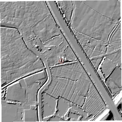 Shaded relief map of the ground around TA64YZ, computed from Environment Agency LiDAR. The ground here sits at about 8 m above sea level and falls 11 m across the surrounding 800 m. Surface water reaching this point runs off ground lying to the east, 4.5 m higher.