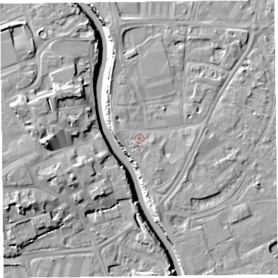 Shaded relief map of the ground around TA65AB, computed from Environment Agency LiDAR. The ground here sits at about 7 m above sea level and falls 13 m across the surrounding 800 m. Surface water reaching this point runs off ground lying to the west-north-west, 2.1 m higher.