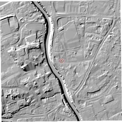 Shaded relief map of the ground around TA65AG, computed from Environment Agency LiDAR. The ground here sits at about 7 m above sea level and falls 13 m across the surrounding 800 m. Surface water reaching this point runs off ground lying to the west-south-west, 2.1 m higher.