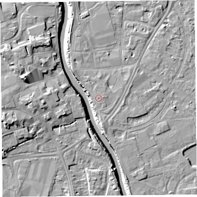 Shaded relief map of the ground around TA65AH, computed from Environment Agency LiDAR. The ground here sits at about 8 m above sea level and falls 13 m across the surrounding 800 m. Surface water reaching this point runs off ground lying to the north-east, 0.6 m higher.