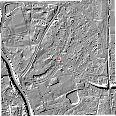Shaded relief map of the ground around TA65AL, computed from Environment Agency LiDAR. The ground here sits at about 7 m above sea level and falls 10 m across the surrounding 800 m. Surface water reaching this point runs off ground lying to the west-south-west, 1.6 m higher.