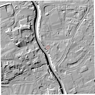 Shaded relief map of the ground around TA65AN, computed from Environment Agency LiDAR. The ground here sits at about 8 m above sea level and falls 13 m across the surrounding 800 m. Surface water reaching this point runs off ground lying to the south-south-east, 5.1 m higher.