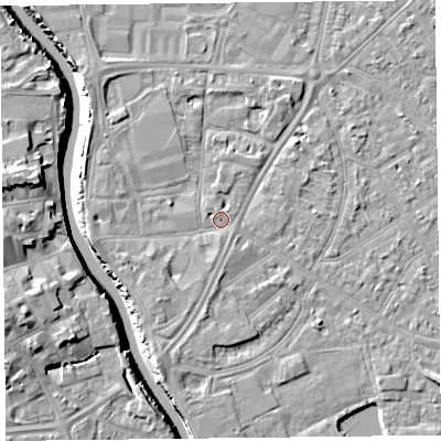 Shaded relief map of the ground around TA65AP, computed from Environment Agency LiDAR. The ground here sits at about 7 m above sea level and falls 11 m across the surrounding 800 m. Surface water reaching this point runs off ground lying to the west, 2.2 m higher.