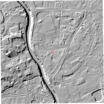 Shaded relief map of the ground around TA65AR, computed from Environment Agency LiDAR. The ground here sits at about 7 m above sea level and falls 13 m across the surrounding 800 m. Surface water reaching this point runs off ground lying to the south, 1.7 m higher.