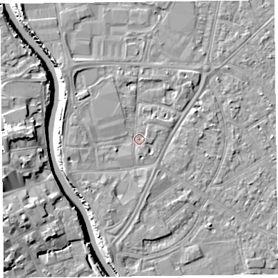 Shaded relief map of the ground around TA65AS, computed from Environment Agency LiDAR. The ground here sits at about 7 m above sea level and falls 12 m across the surrounding 800 m. Surface water reaching this point runs off ground lying to the west-south-west, 1.4 m higher.