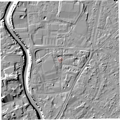 Shaded relief map of the ground around TA65AT, computed from Environment Agency LiDAR. The ground here sits at about 7 m above sea level and falls 13 m across the surrounding 800 m. Surface water reaching this point runs off ground lying to the west-north-west, 2.6 m higher.