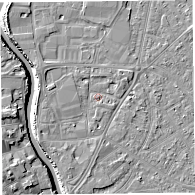 Shaded relief map of the ground around TA65AU, computed from Environment Agency LiDAR. The ground here sits at about 7 m above sea level and falls 11 m across the surrounding 800 m. Surface water reaching this point runs off ground lying to the west-north-west, 2.6 m higher.