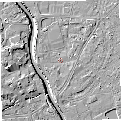 Shaded relief map of the ground around TA65AW, computed from Environment Agency LiDAR. The ground here sits at about 7 m above sea level and falls 13 m across the surrounding 800 m. Surface water reaching this point runs off ground lying to the west, 2.1 m higher.