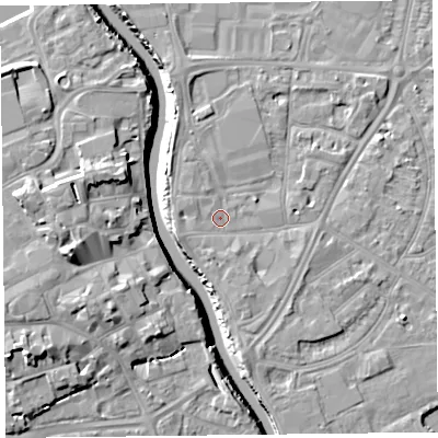 Shaded relief map of the ground around TA65AX, computed from Environment Agency LiDAR. The ground here sits at about 7 m above sea level and falls 13 m across the surrounding 800 m. Surface water reaching this point runs off ground lying to the west-south-west, 2.1 m higher.